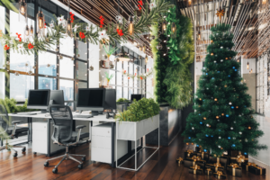 Office decorated with a Christmas tree.