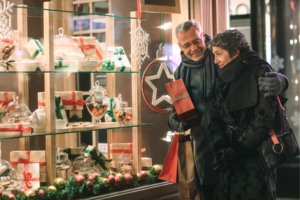 Elderly couple going Christmas shopping.