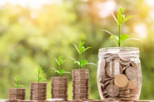 Coin stacks with plant sprouts out the top.