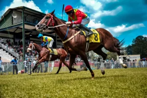 Riders at a horse racing track.