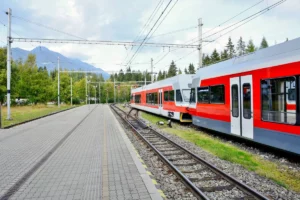 Passenger train on the rails.