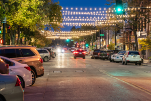 Downtown Cheyenne street at night.