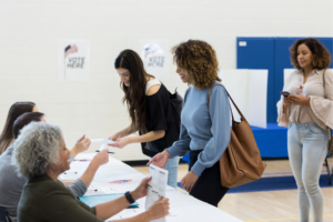 People standing in line at the polls.