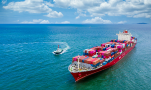 Cargo ship at sea.