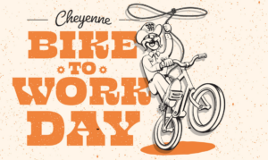 Cheyenne Bike to Work Day graphic with a cowboy on a bike.