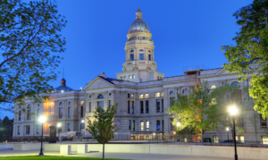 Wyoming Capitol building at dusk.