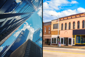 Skyscrapers next to small business.