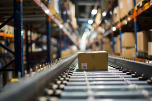 Package on a conveyor belt in a warehouse.