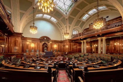 City council chamber with podium and seating, prepared for a public meeting or work session
