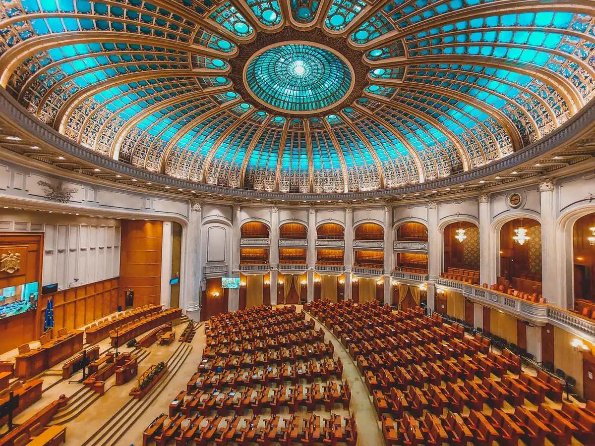 Interior of the House chamber showing voting floor and seats