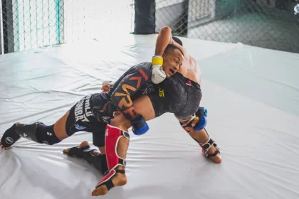 Two fighters in an octagon, one in back mount with body triangle control, the other defending escape attempts