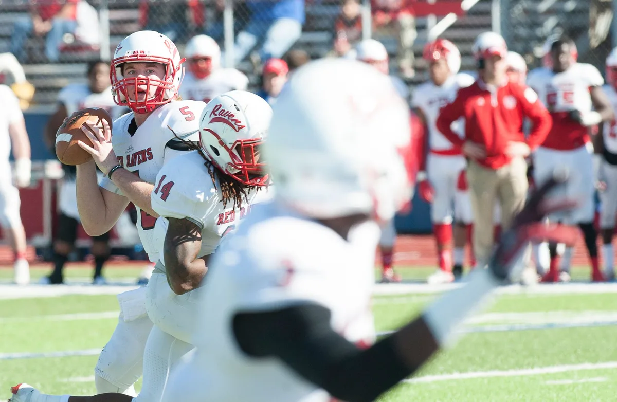 Quarterback in uniform preparing to throw during a college football game