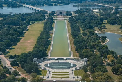 View across the Potomac River toward iconic Washington monuments aligned along the skyline