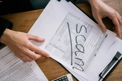 Stacks of vehicle title documents and paperwork with magnifying glass and audit notes on a desk
