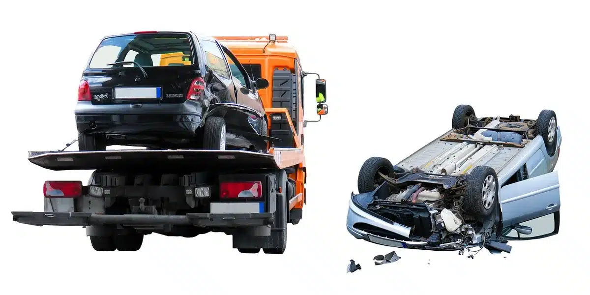Damaged vehicles at intersection after high-speed collision