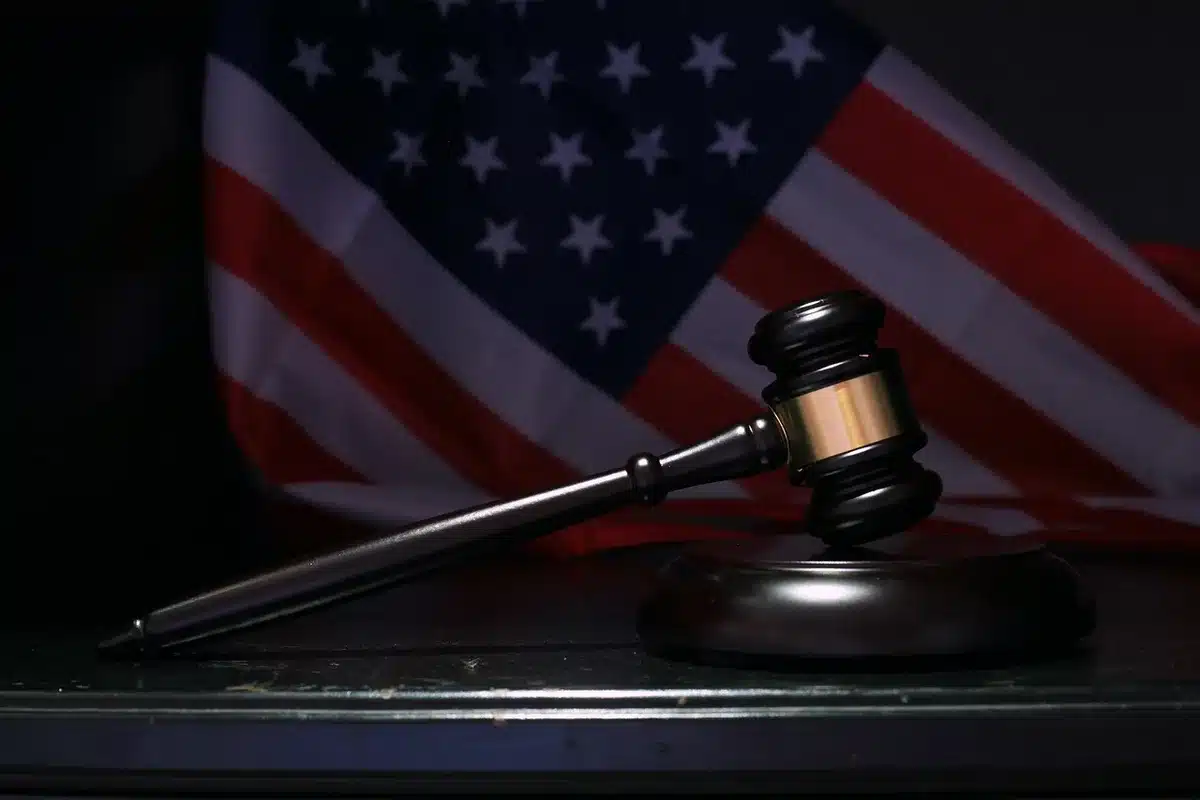 Judge's bench and gavel in a courtroom during sentencing